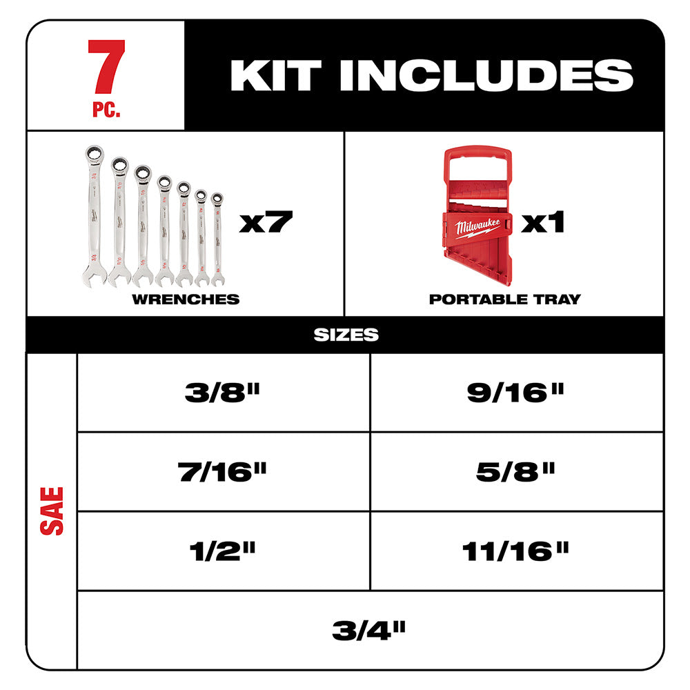 Milwaukee 48-22-9406 7 Piece Ratcheting Combination Wrench Set - SAE