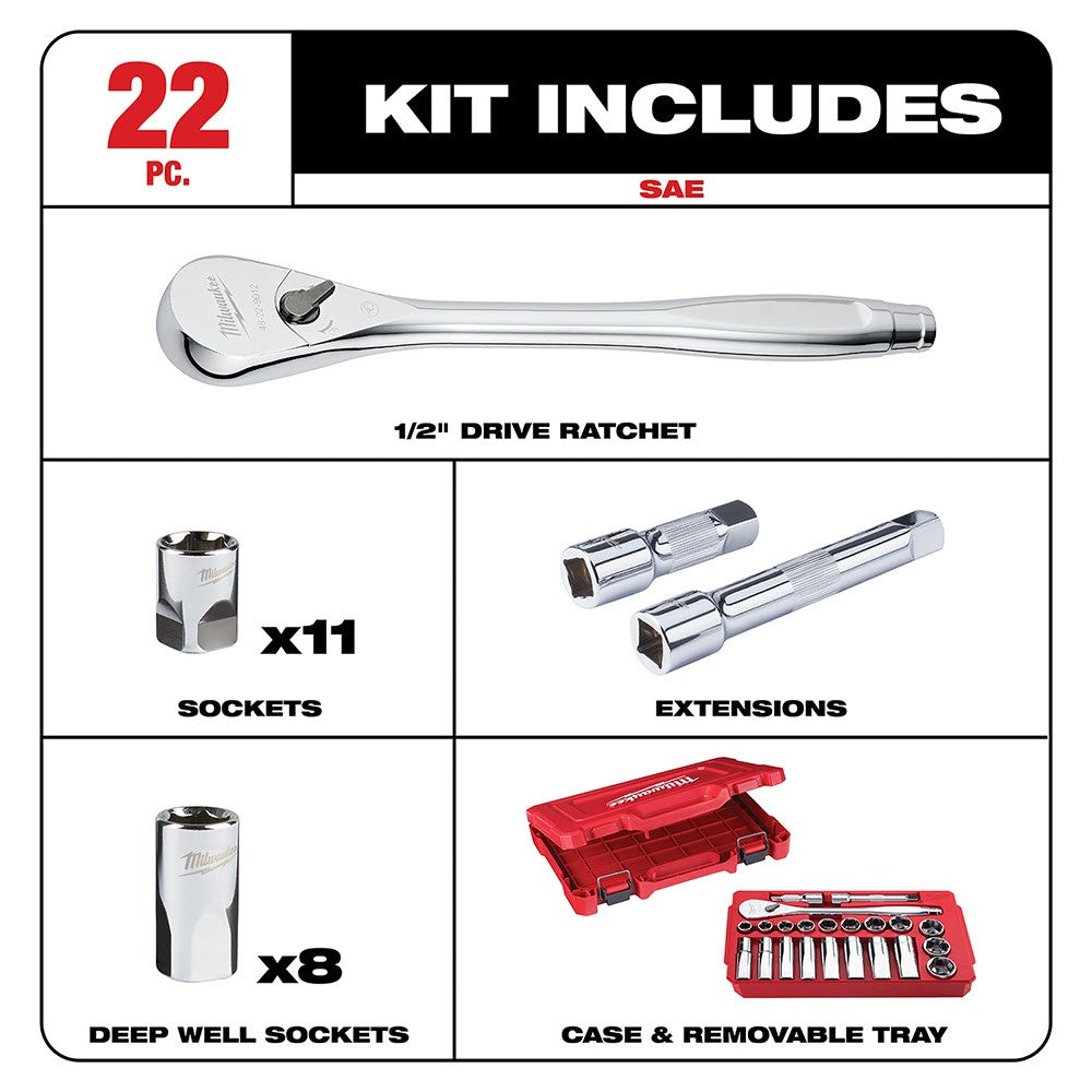 Milwaukee 48-22-9410 22 pc 1/2 Socket Wrench Set – SAE
