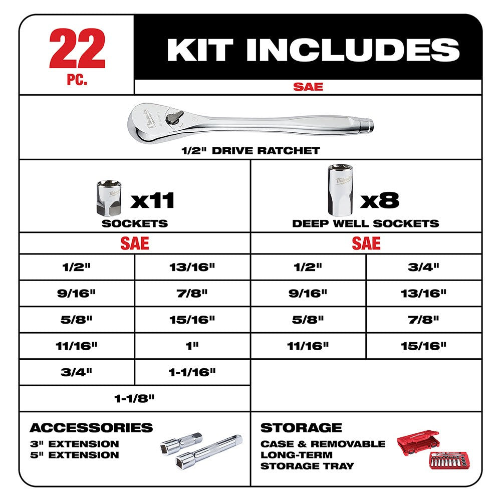 Milwaukee 48-22-9410 22 pc 1/2 Socket Wrench Set – SAE