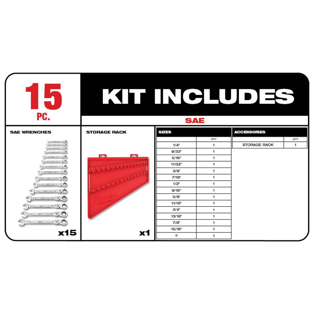 Milwaukee 48-22-9413 15Pc Flex Head Ratcheting Wrench Set - SAE