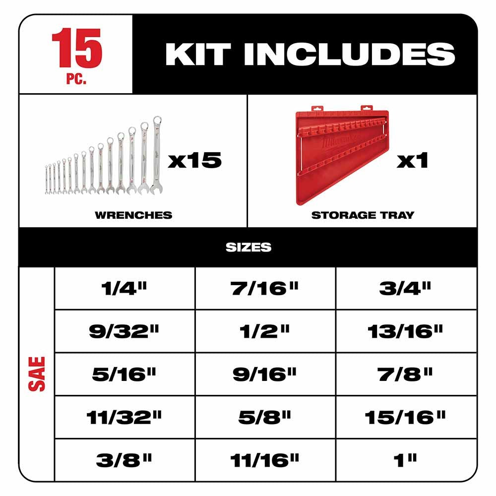 Milwaukee 48-22-9415 15 Piece Combination Wrench Set - SAE