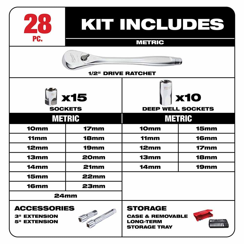 Milwaukee 48-22-9510 28Pc 1/2 Socket Wrench Set – Metric