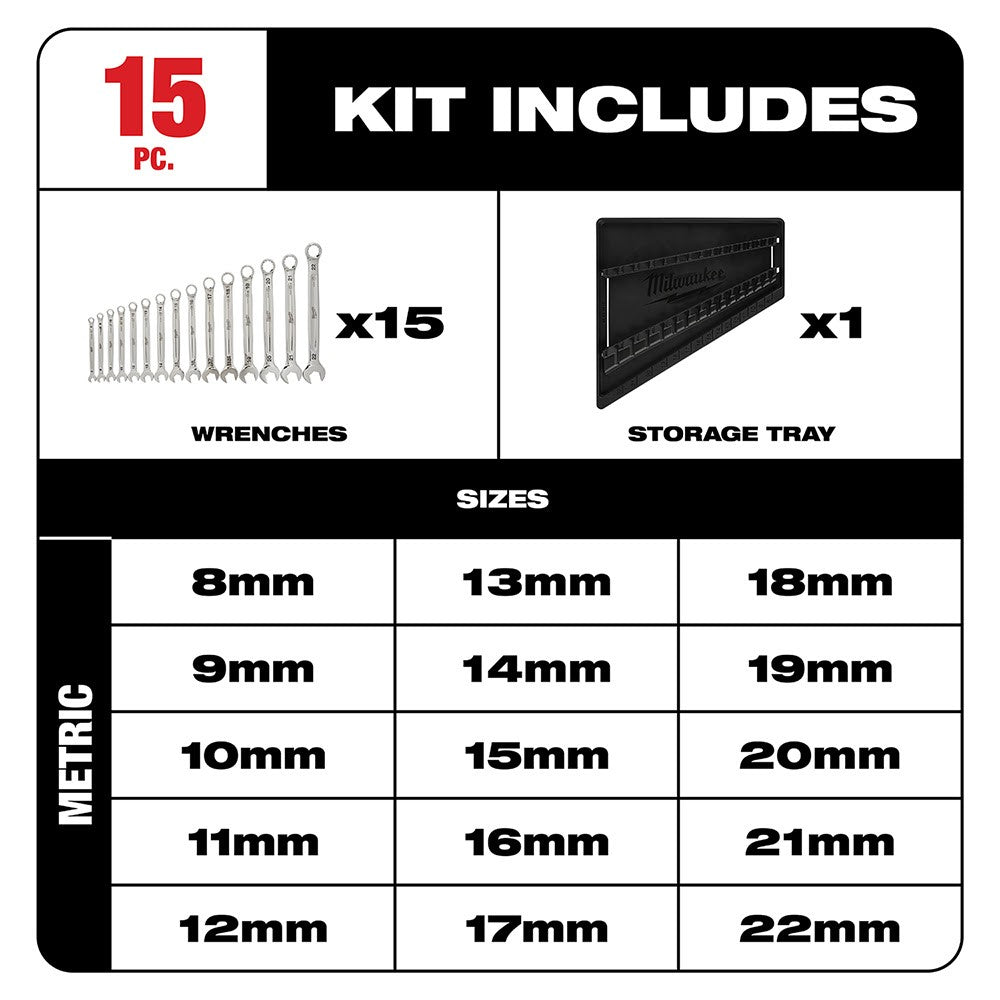 Milwaukee 48-22-9515 15 Piece Combination Wrench Set - Metric