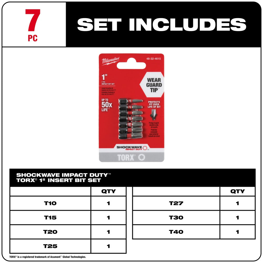 Milwaukee 48-32-4615 Shockwave™ 7 Piece Torx 1” Insert Bit Set