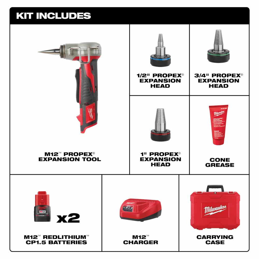 Milwaukee 2432-22 M12 ProPEX Expansion Tool Kit With 1/2, 3/4, 1 Heads